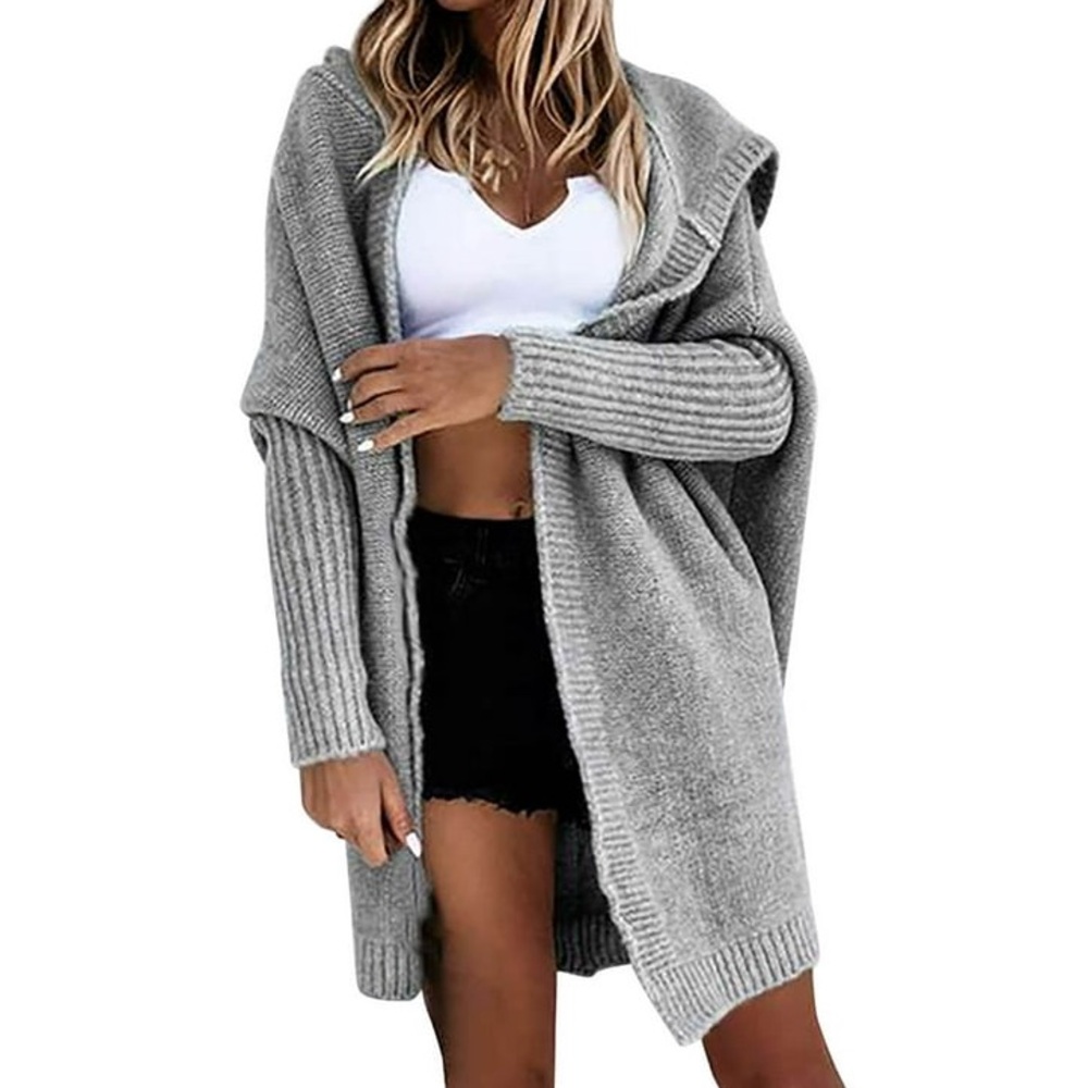 Grey Hooded Open Cardigan Sweater Coat with Batwing Sleeves Size Small NEW